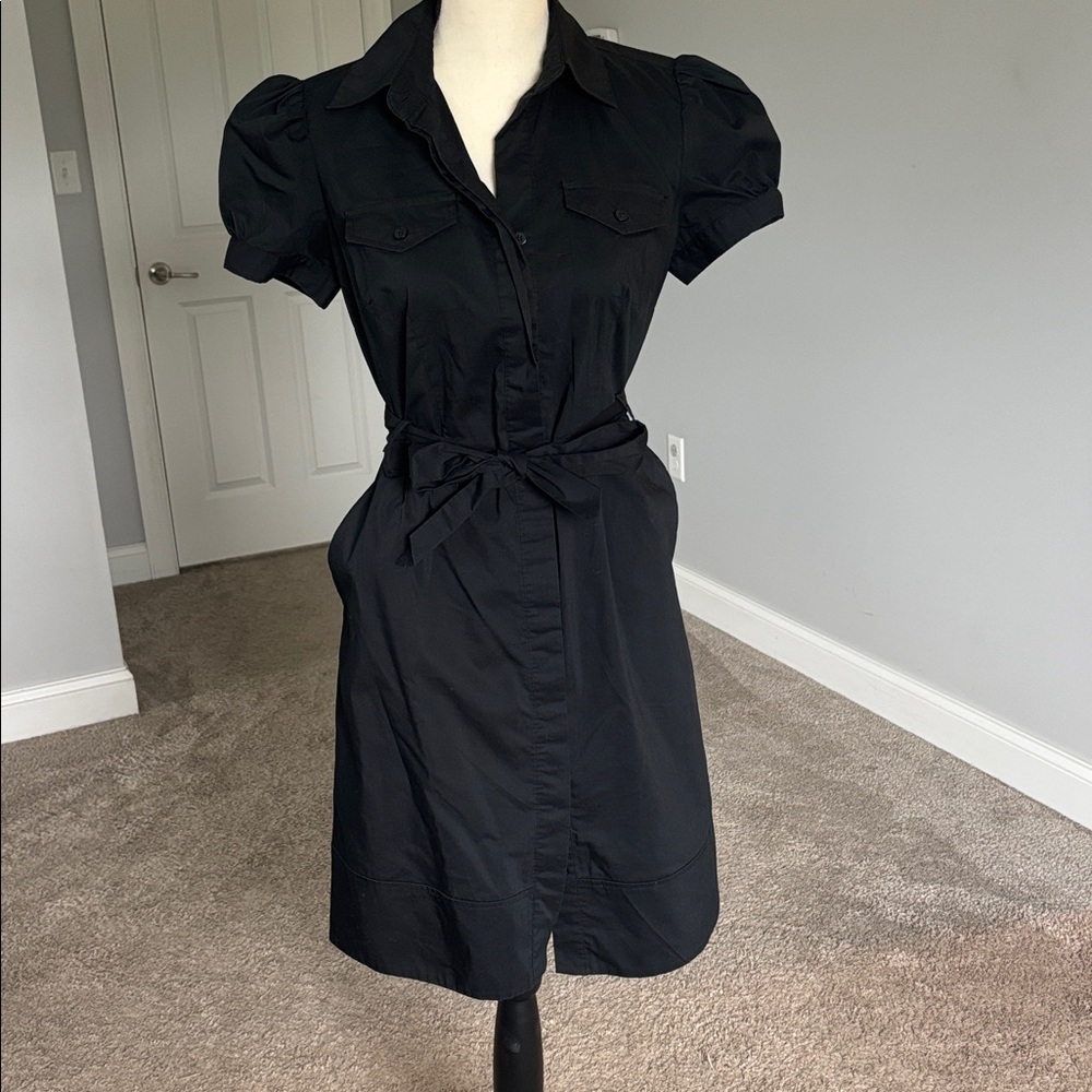 Black Short Sleeve Button-Up Dress with Belt and Pockets